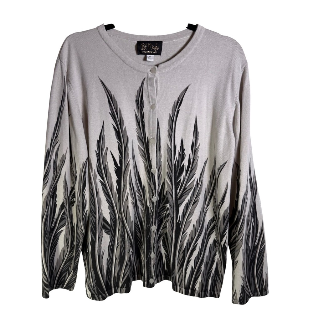 Bob Mackie Wearable Art Gray Feather Knit Button Cardigan Sweater XL